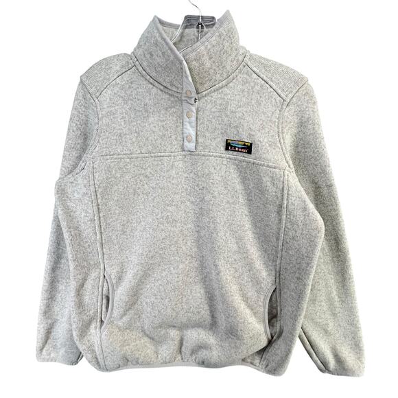 LL Bean Sweater Womens M Beige Pullover 1/4 Snap Logo Pockets Rugged Heritage - Picture 1 of 14